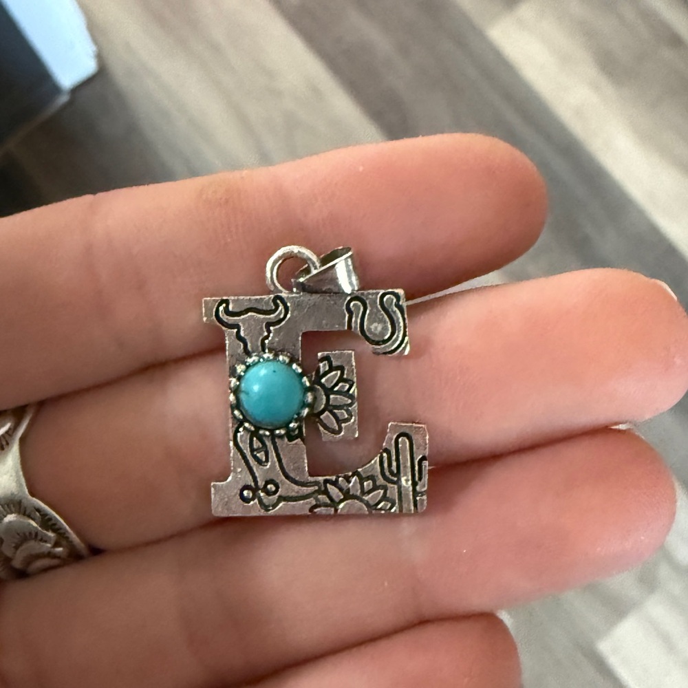 Silver Letter E Pendant with Turquoise Accent
